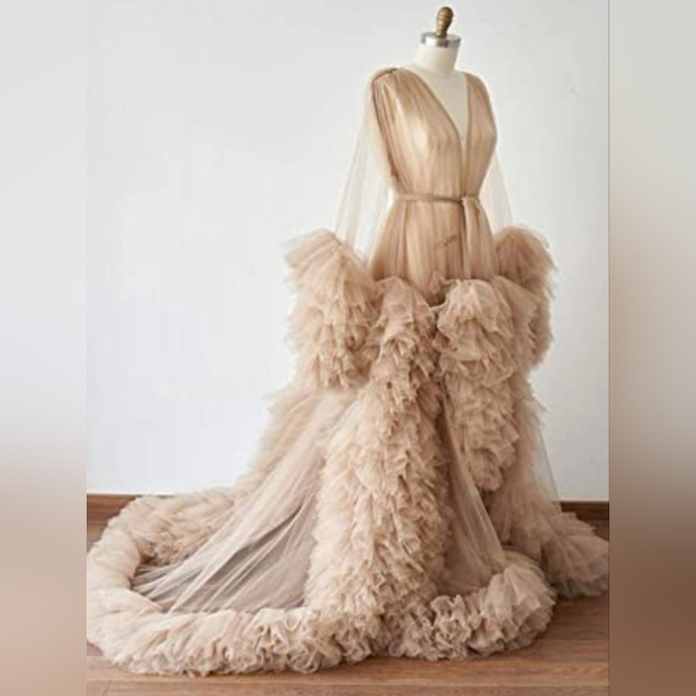 L-XL long tulle maternity robe dress in beautiful nude beige tan color.